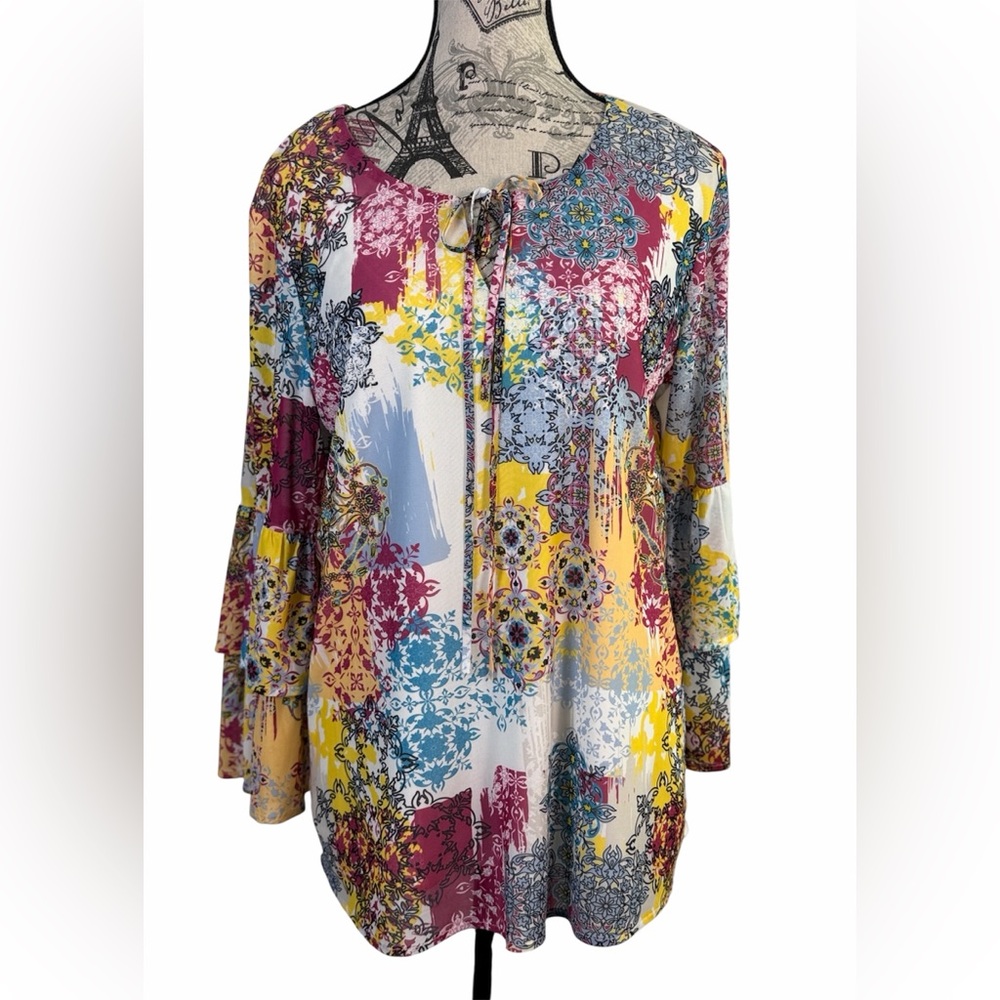 Reba Multicolor Boho Chic Multicolor Floral Tunic with Tie Neck Size M